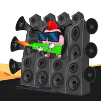 a cartoon character with a mohawk playing a guitar in front of a wall of speakers