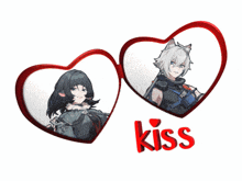 a couple of hearts with the word kiss in red