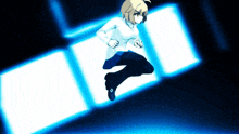 a cartoon character is jumping in the air with a blue background