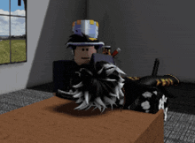 a man in a top hat sits at a table with a book on it that says ' a ' on it