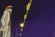 a cartoon of a man in a trench coat and hat