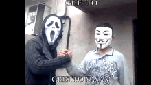 a man wearing a ghost face mask shakes hands with another man wearing an anonymous mask ..