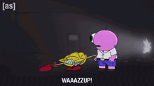 two cartoon characters standing next to each other with waaazzup written on the bottom right