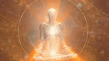 a painting of a person sitting in a lotus position with a light coming out of their chest .