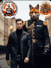 a man in a black jacket is standing next to a fox with a fox head