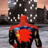 a spider man with a red spider on his back stands in front of a building