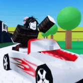 a cartoon character is riding in a white car with red flames on the side