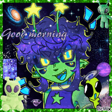 a picture of a cartoon character with the words good morning on it
