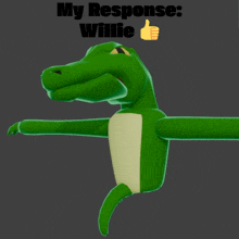 a cartoon crocodile giving a thumbs up with the words my response willie