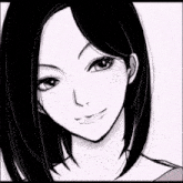 a black and white drawing of a girl with short hair and a smile on her face .
