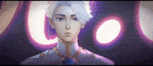 a close up of a person 's face with a purple background and a purple light behind them .