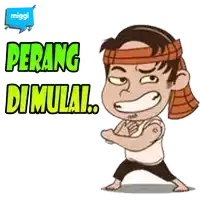 a cartoon of a man with a bandana on his head and the words perang dimulai