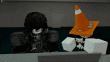 a video game character wearing a traffic cone hat