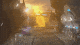 a blurred image of a futuristic city at night with a fire coming out of the building .