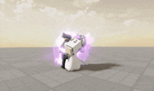 a video game character with a sword and shield in a purple aura