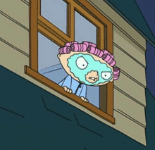 a cartoon character with a mask on his face looks out of a window