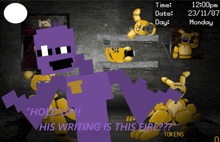 a purple cartoon character says " hold up " while surrounded by yellow cartoon characters