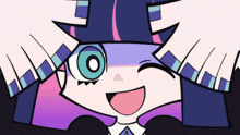 a close up of a cartoon character 's face with a blue eye