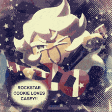 a rockstar cookie playing a guitar with the words rockstar cookie loves casey written below him