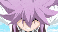 a cartoon character with purple hair is looking up at the sky