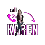 a woman is sitting in front of the word karen