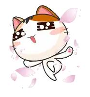 a calico cat is jumping in the air surrounded by pink flower petals