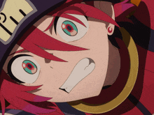 a close up of a cartoon character with red hair and a hat that says pi on it