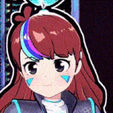 a close up of a cartoon girl with long brown hair and blue and purple highlights .