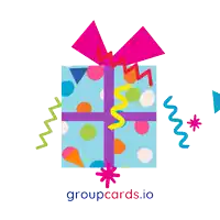 a groupcards.io logo with a gift box and confetti