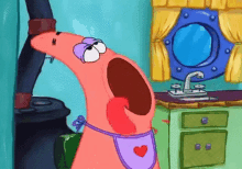 patrick star from spongebob squarepants is wearing a purple apron with a heart on it