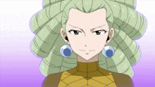 a drawing of a woman with long green hair and blue earrings