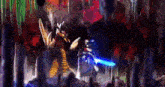a cartoon character is fighting a monster in a cave with a sword .