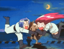 a couple of cartoon characters are hugging each other in front of a crescent moon