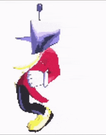 a pixel art of a cartoon character with a purple hat and red pants .