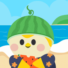 a cartoon character wearing a watermelon hat holds a slice of watermelon