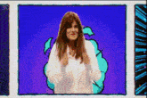 a woman in a white shirt is standing in front of a blue background with the number 30 on the bottom