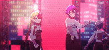 a group of anime characters are dancing on a stage in front of a pink background .