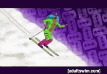 a cartoon of a person skiing down a snow covered slope with the words adultswim.com below them