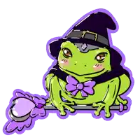 a green frog is wearing a witch hat and purple bow