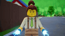 a lego man with suspenders and a tie is holding a pair of lightning bolts