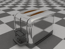 a silver toaster is sitting on a checkerboard floor