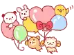 a group of cartoon animals holding balloons and a heart shaped balloon .