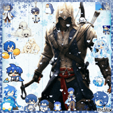 a picture of a man holding a bow and arrow is surrounded by anime characters and a picmix logo