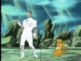 a cartoon drawing of a man and a cat with the letter t on the shirt