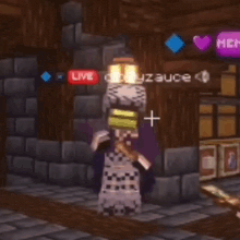 a minecraft character is standing in a room with a red live sign .