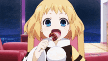 a little girl with blonde hair and blue eyes is eating a piece of meat with a fork