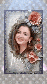 a picture of a woman with flowers and the word love