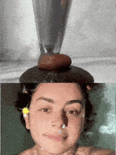 a woman in a bathtub with a glass on her head and a rock on her head