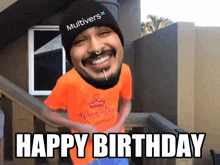 a man wearing a beanie that says multiverse on it says happy birthday
