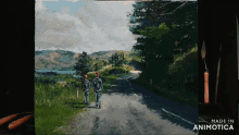 a painting of two people walking down a road with the words made in animotica at the bottom